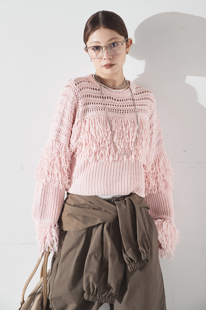 [SET]メッシュフリンジ切り替えプルオーバー+合繊ツイルスタンドウエスト巻きジョガーパンツ(2set)