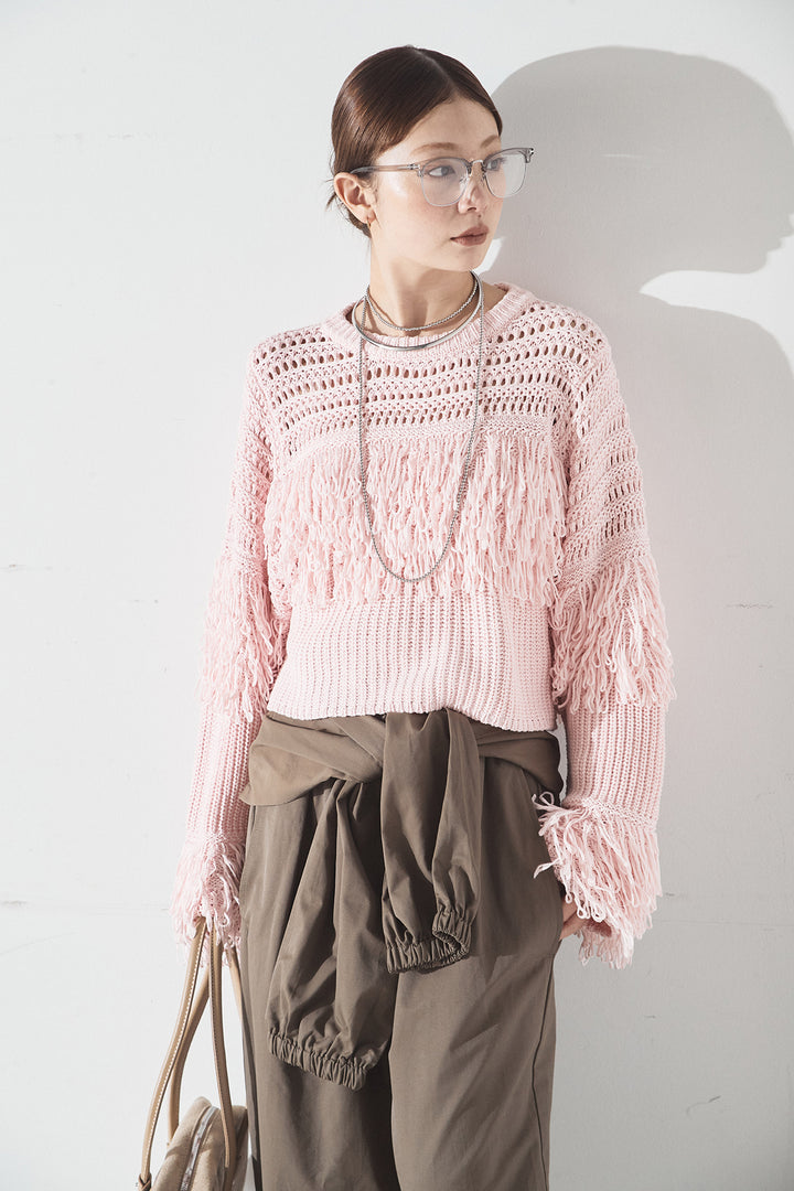 [SET]メッシュフリンジ切り替えプルオーバー+合繊ツイルスタンドウエスト巻きジョガーパンツ(2set)