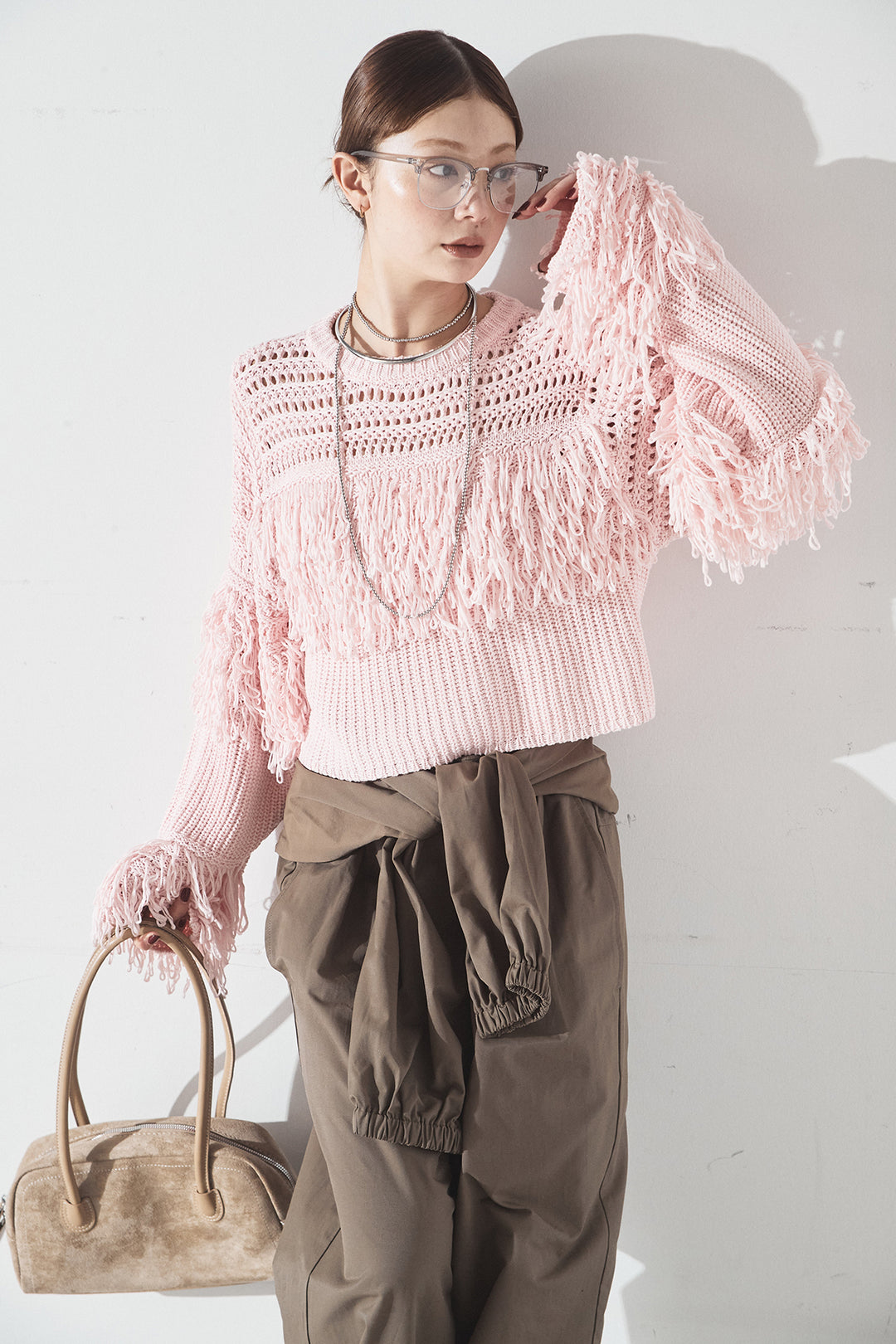 [SET]メッシュフリンジ切り替えプルオーバー+合繊ツイルスタンドウエスト巻きジョガーパンツ(2set)