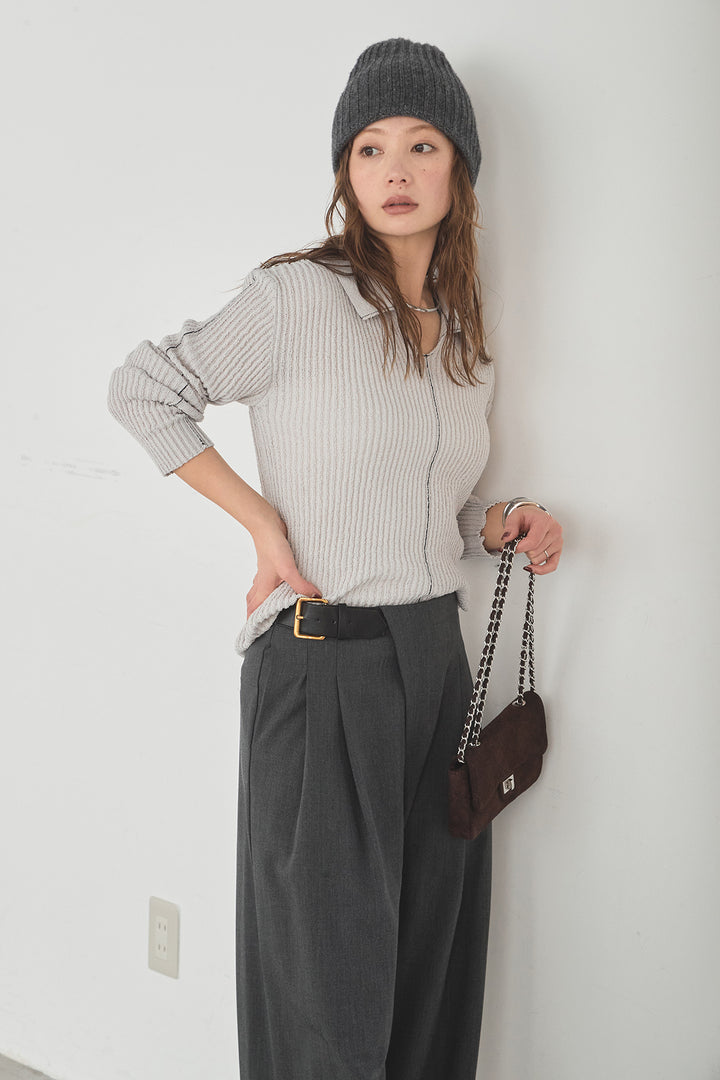 [SET]衿付きニットプルオーバー+サイドベルトタック入りスラックス(2set)