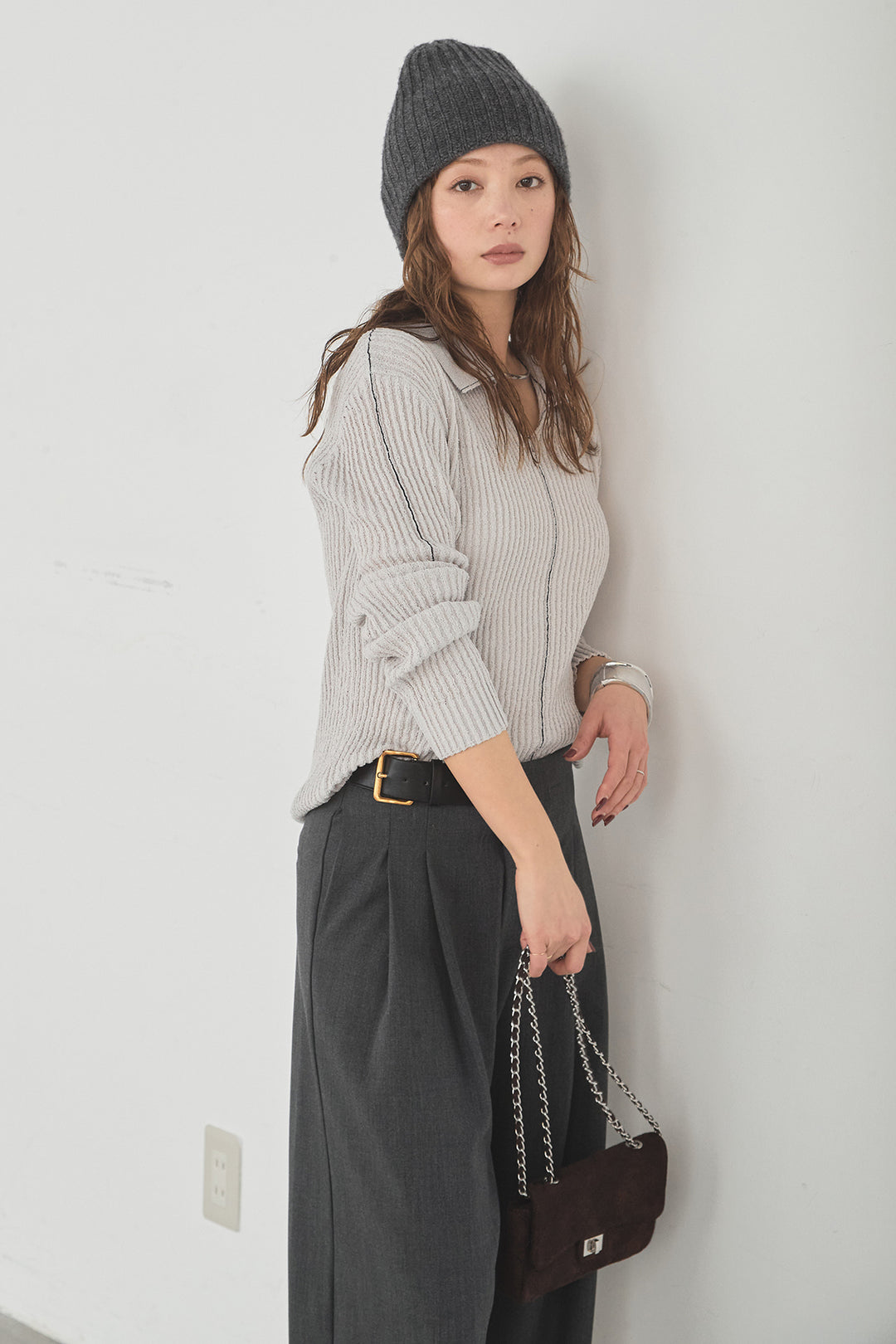 [SET]衿付きニットプルオーバー+サイドベルトタック入りスラックス(2set)