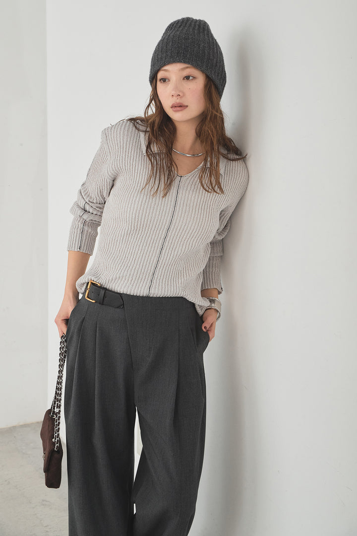 [SET]衿付きニットプルオーバー+サイドベルトタック入りスラックス(2set)