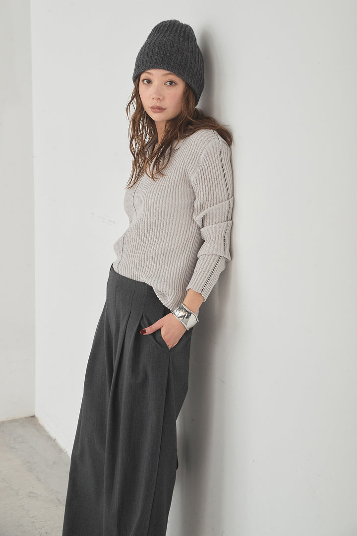 [SET]衿付きニットプルオーバー+サイドベルトタック入りスラックス(2set)