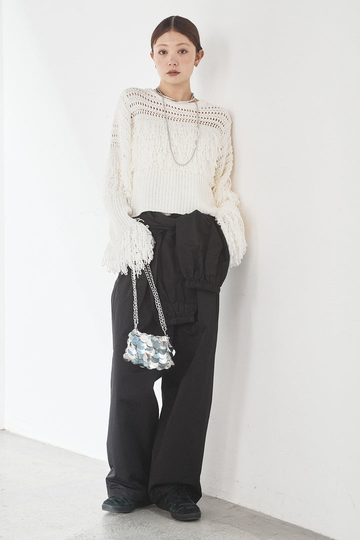 [SET]メッシュフリンジ切り替えプルオーバー+合繊ツイルスタンドウエスト巻きジョガーパンツ(2set)