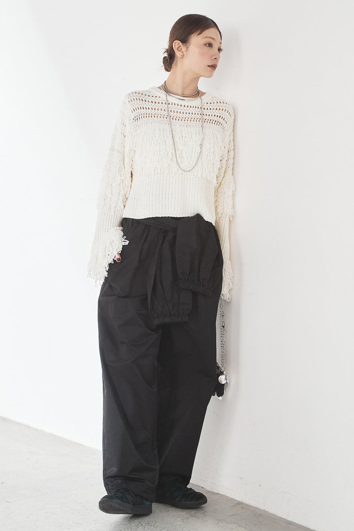 [SET]メッシュフリンジ切り替えプルオーバー+合繊ツイルスタンドウエスト巻きジョガーパンツ(2set)