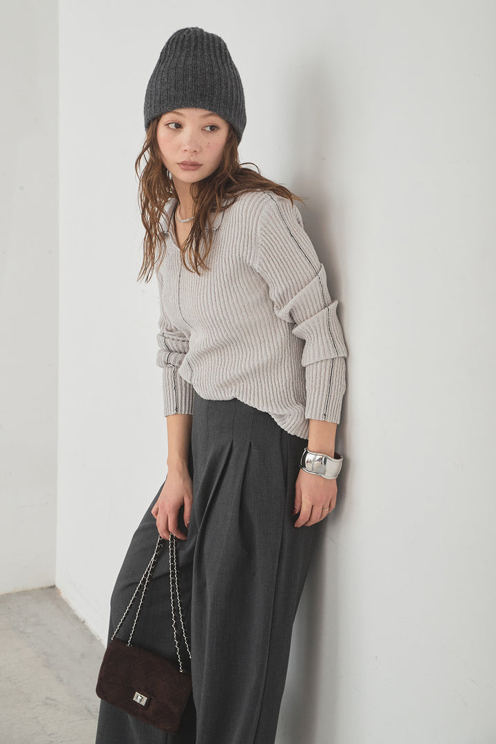 [SET]衿付きニットプルオーバー+サイドベルトタック入りスラックス(2set)