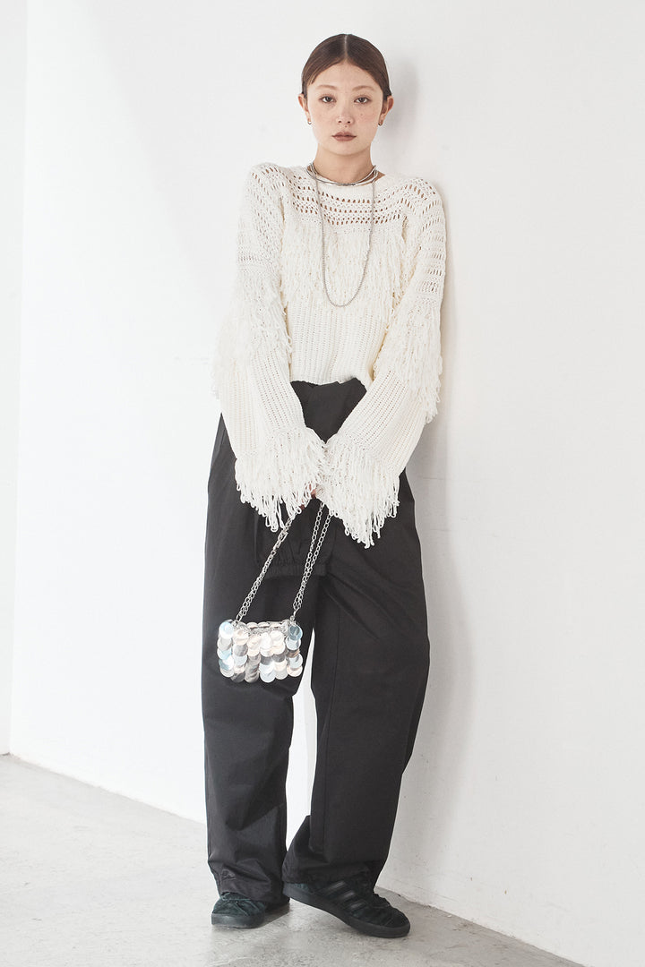 [SET]メッシュフリンジ切り替えプルオーバー+合繊ツイルスタンドウエスト巻きジョガーパンツ(2set)