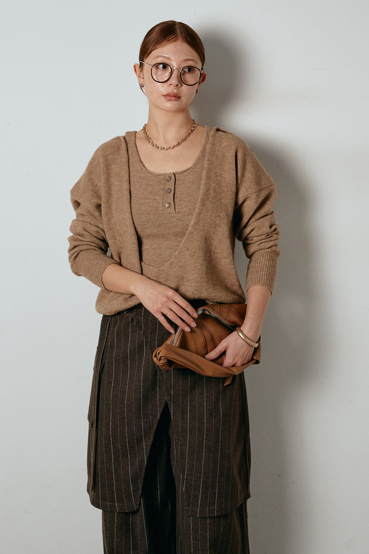 [SET]襟付きレイヤードニットトップス+細ストライプレイヤードデザインパンツ(2set)