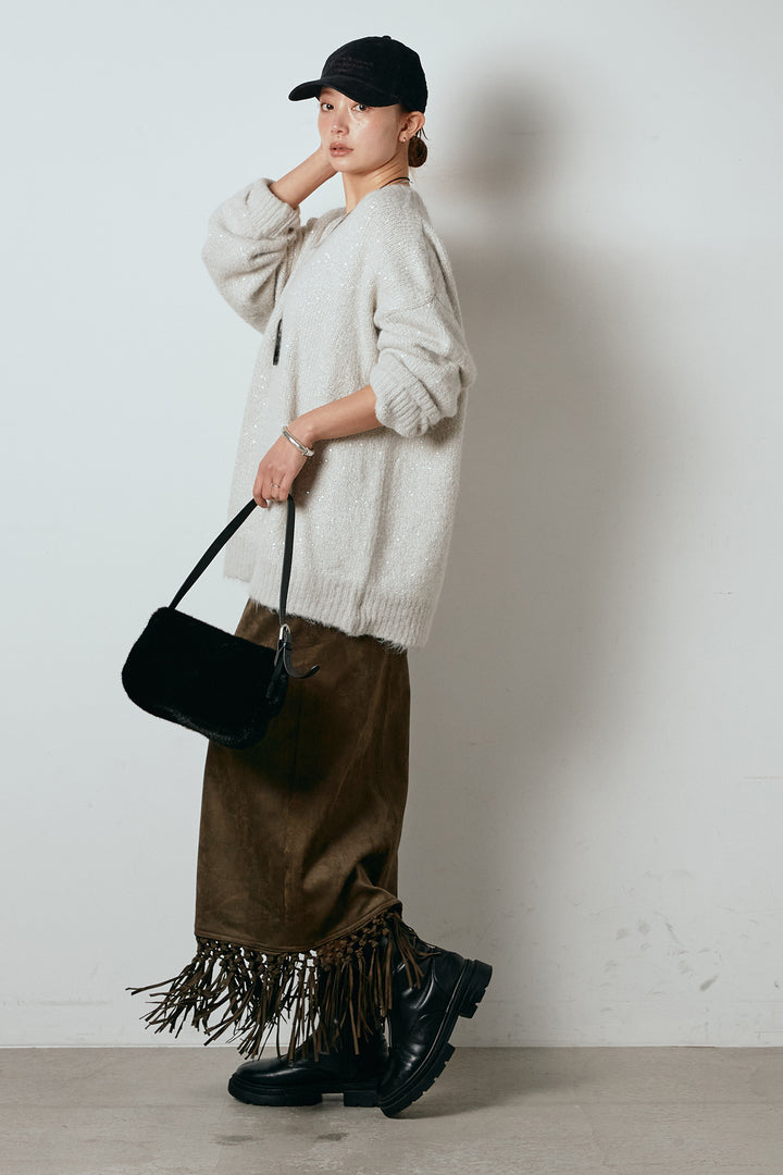 [SET]Vネックルーズラメニットトップス+スウェードライク裾フリンジスカート(2set)