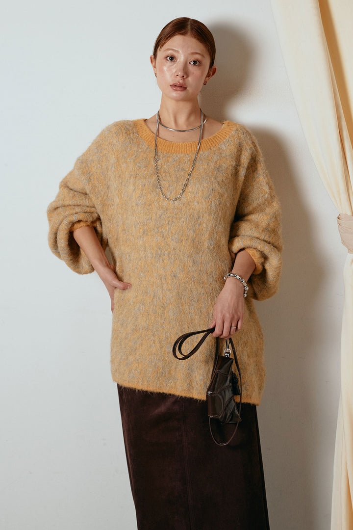 [SET]ボリュームスリーブミックスニットトップス+スウェードライク裾フリンジスカート(2set)