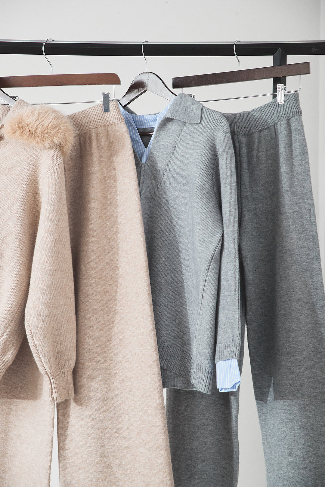 【着回しセット】[SET]ファー付きフーディーニットSETUP+ストライプドッキングニットポロSETUP(2set)