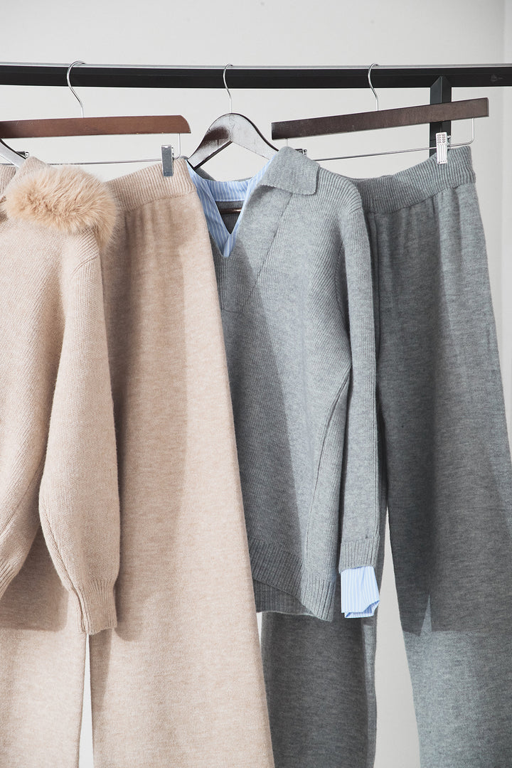 【着回しセット】[SET]ファー付きフーディーニットSETUP+ストライプドッキングニットポロSETUP(2set)