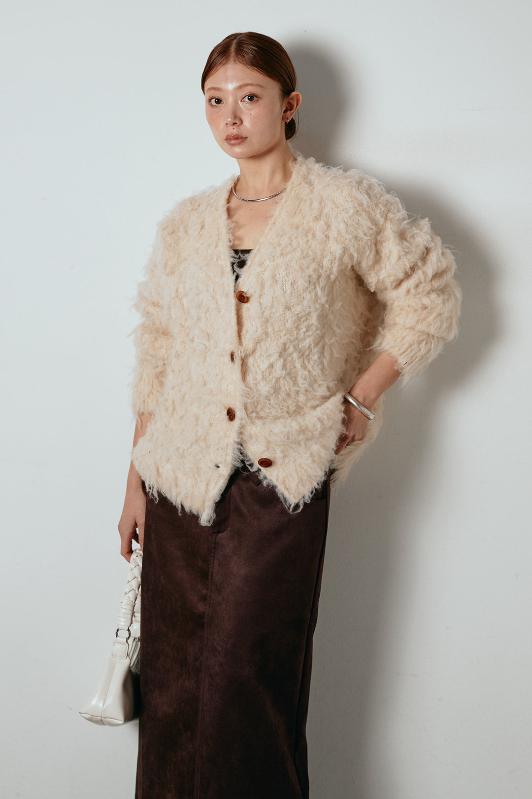 [SET]ルーズシャギーニットカーディガン+スウェードライク裾フリンジスカート(2set)