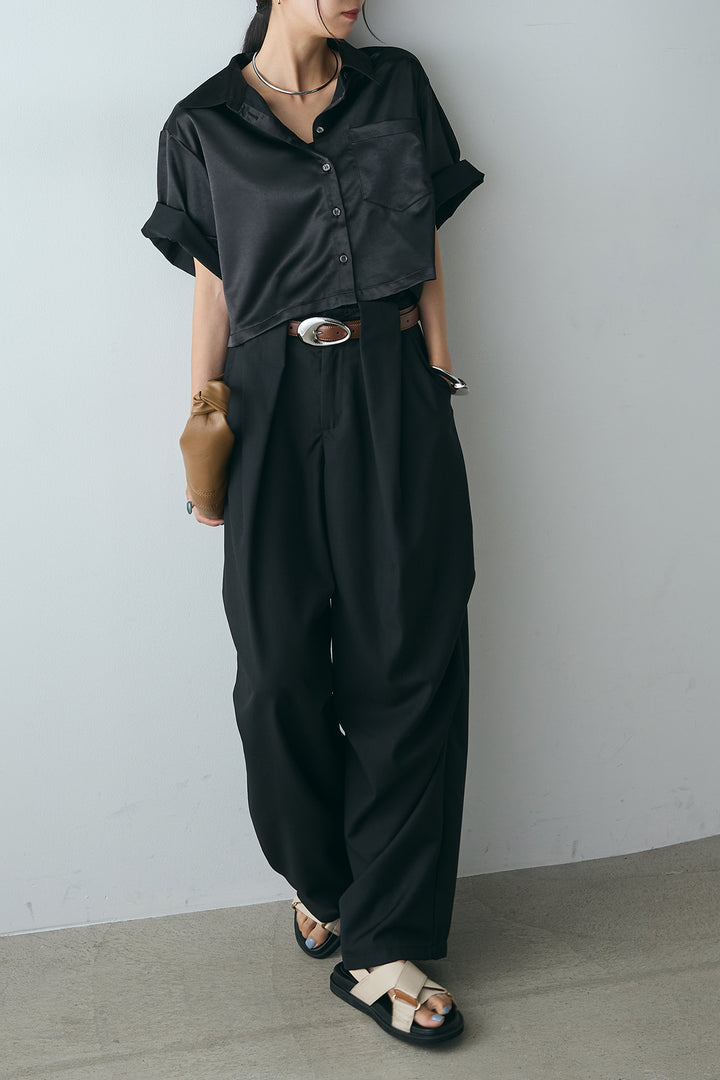 [SET]サテンクロップドシャツ+デザインタックパンツ(2set)