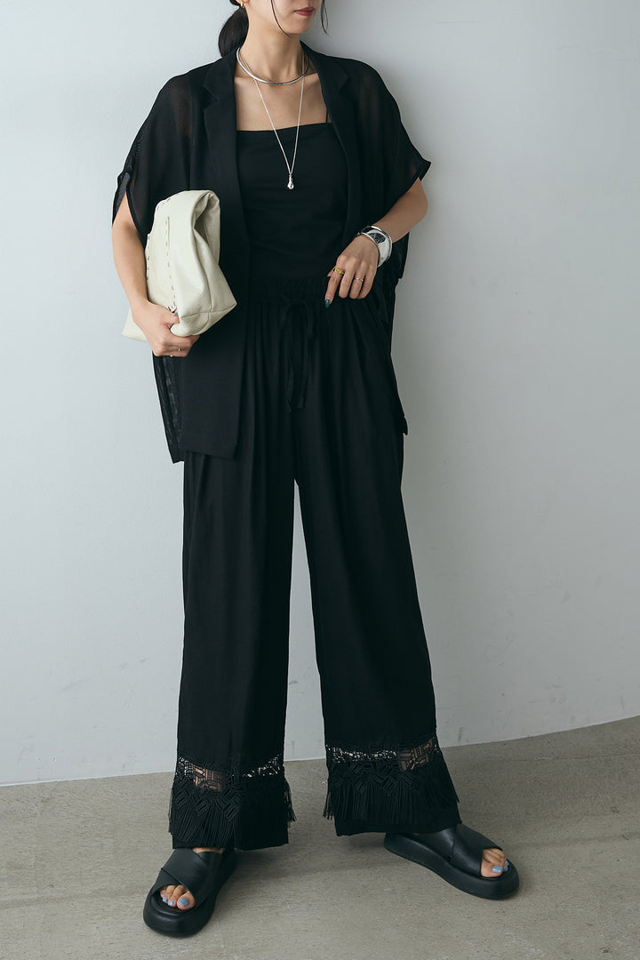 [SET]メッシュノースリーブジレ+リネン混裾レース刺繍パンツ(2set)