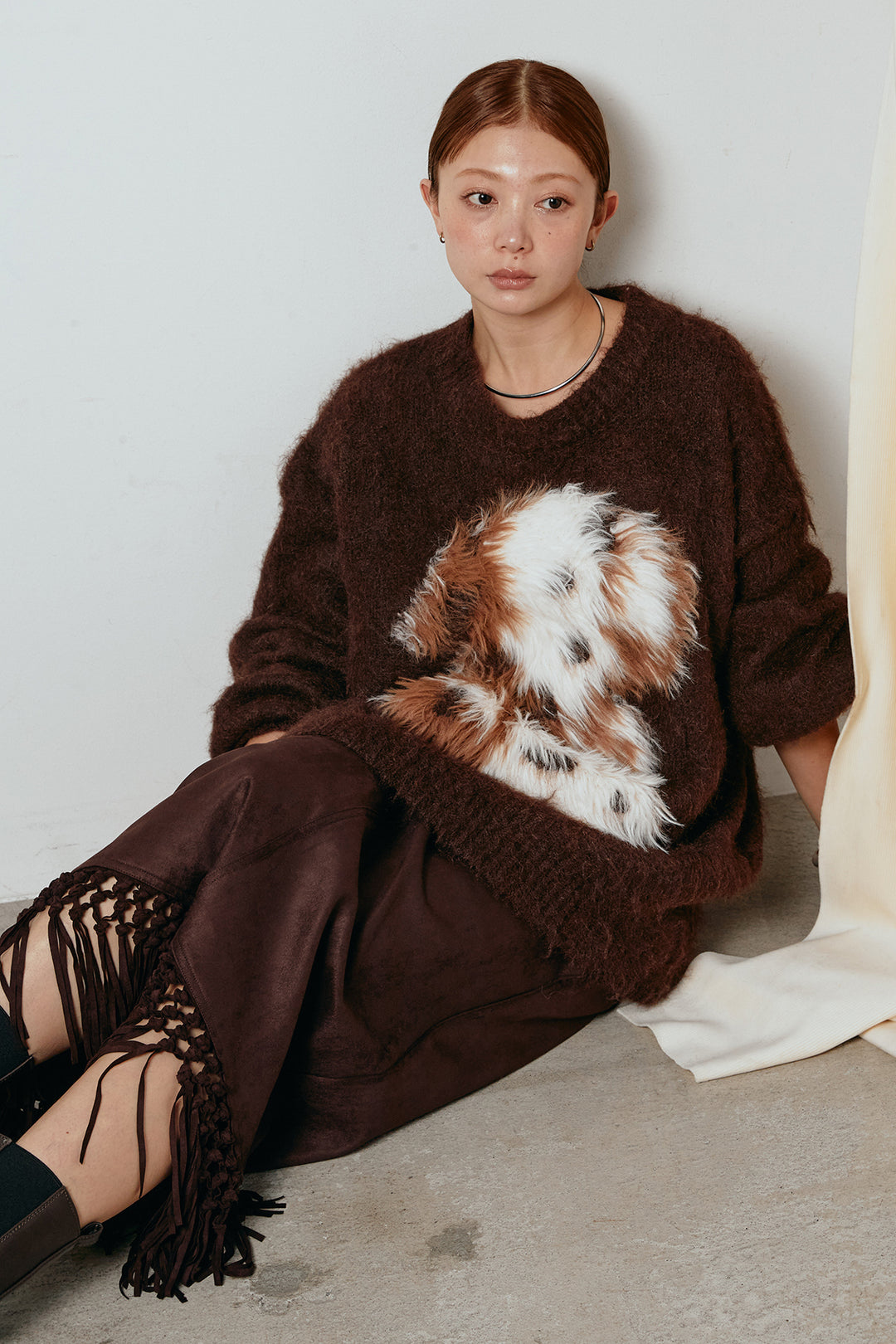 [SET]シャギーニュアンスアニマルニット+スウェードライク裾フリンジスカート(2set)