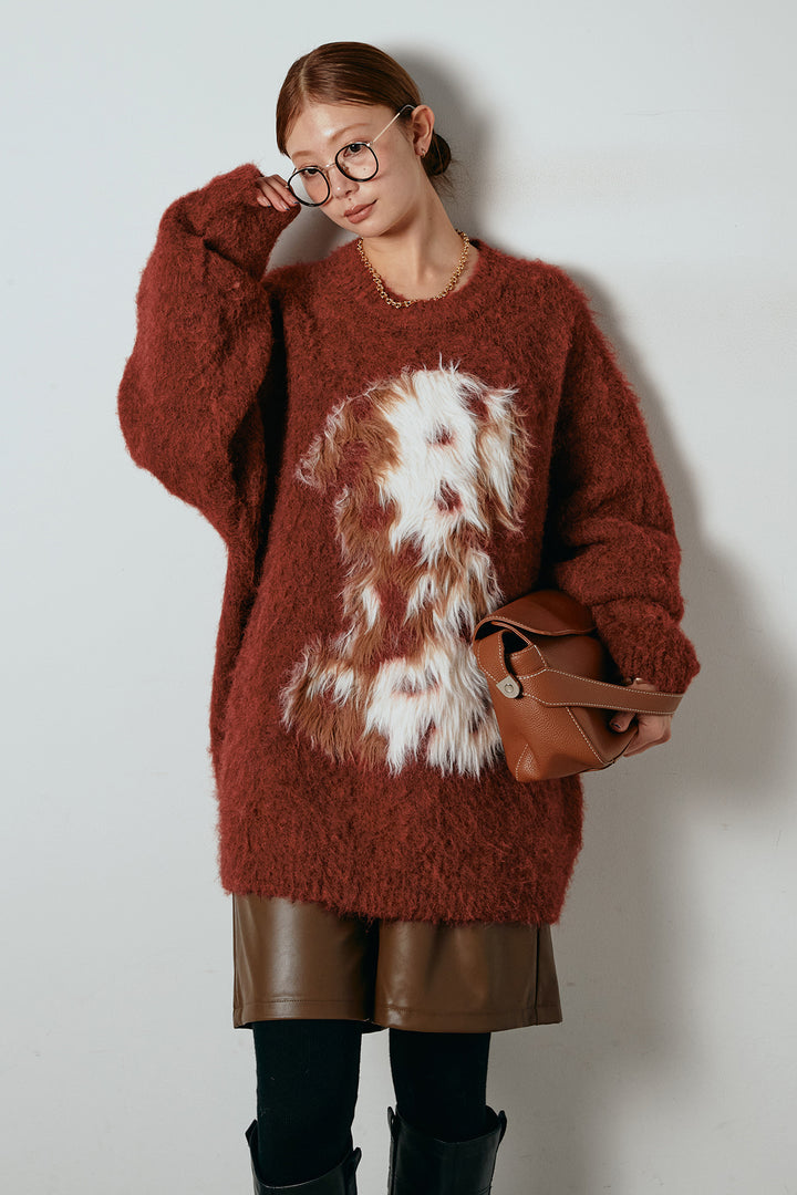 [SET]シャギーニュアンスアニマルニット+ストレッチエコレザーバミューダパンツ(2set)