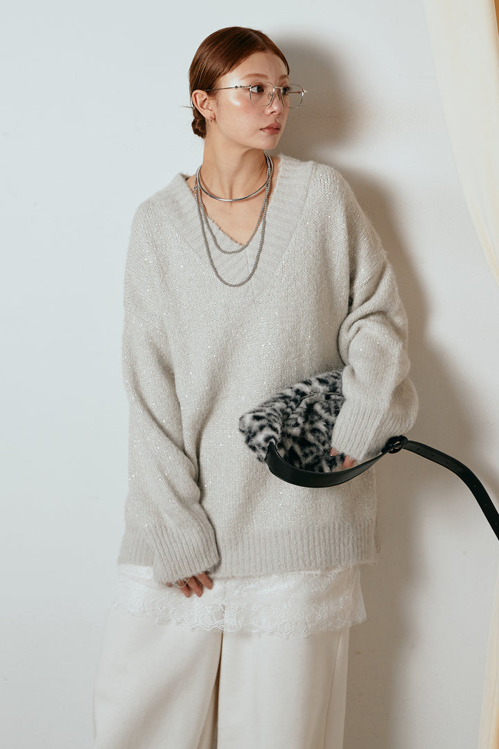 [SET]Vネックルーズラメニットトップス+裏起毛スウェットワイドパンツ+レース切り替えキャミソール(3set)