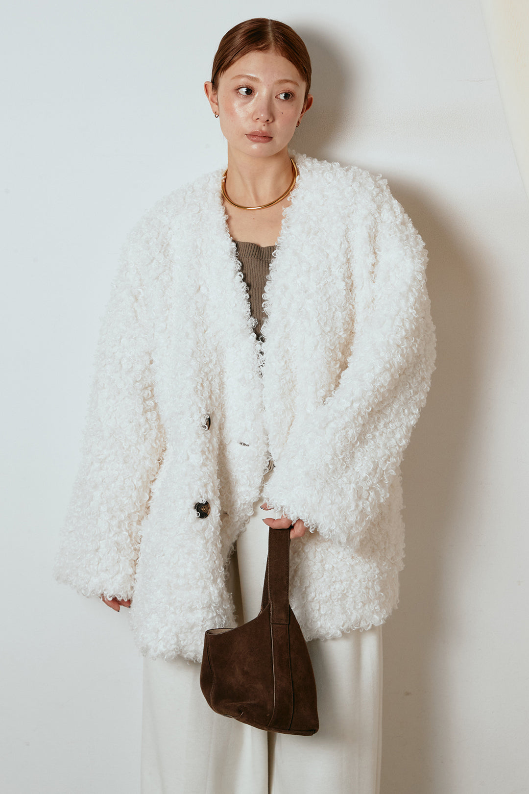 [SET]シープライクファージャケット+フェイクレザー太ベルト付きタックワイドパンツ(2set)