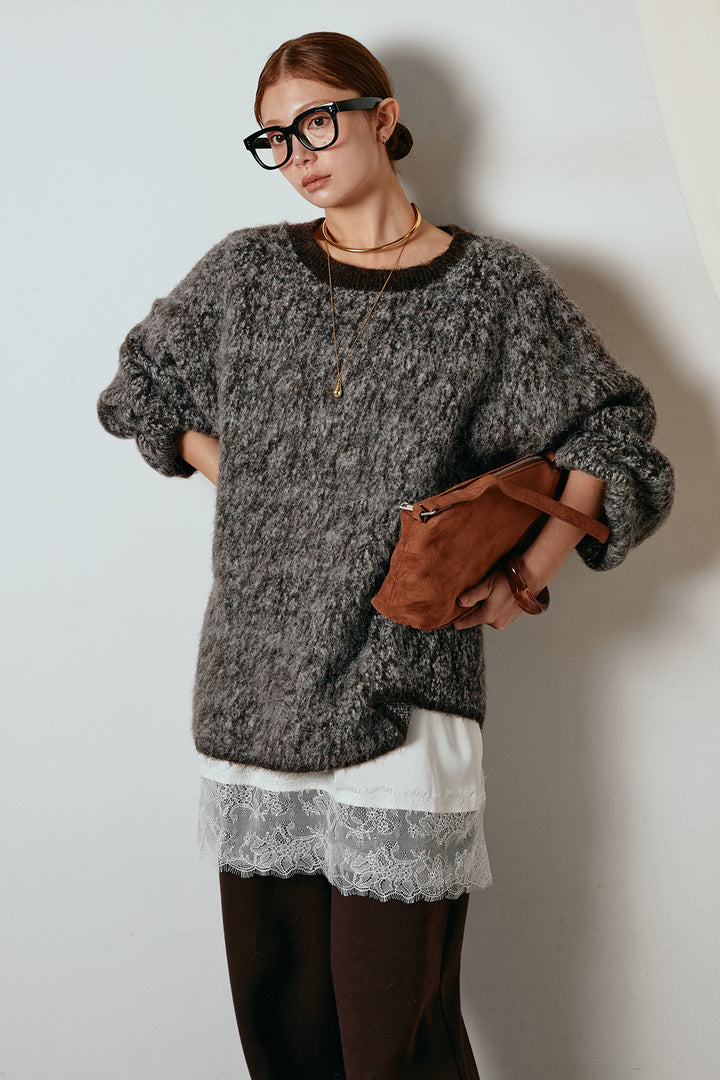 [SET]ボリュームスリーブミックスニットトップス+裏起毛スウェットワイドパンツ+レース切り替えキャミソール(3set)