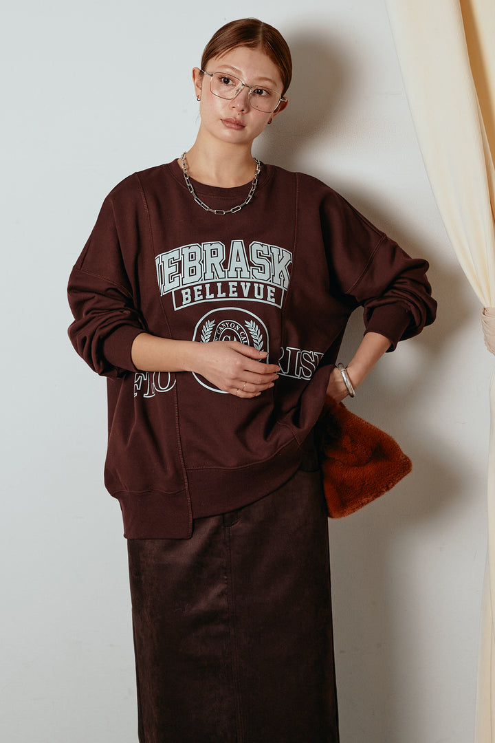 [SET]裏毛カレッジプリントプルオーバー+スウェードライク裾フリンジスカート(2set)