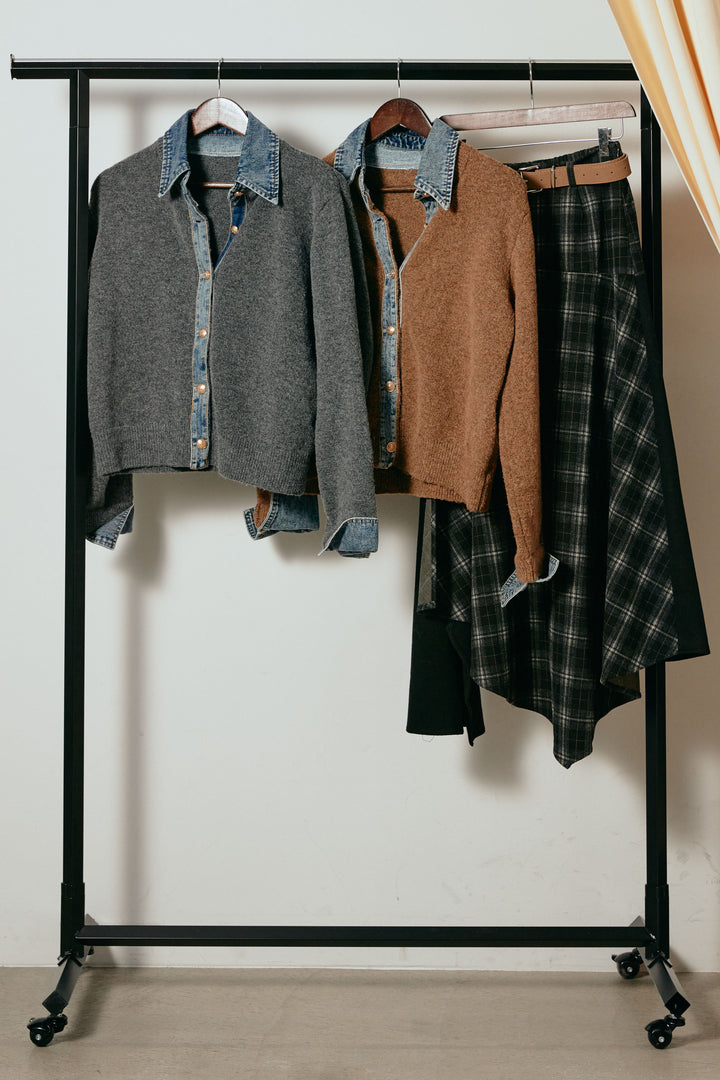 [SET]ニットドッキングデニムシャツ+ニットドッキングデニムシャツ+フェイクレザーベルト付き切り替えタータンチェックスカート(3set)