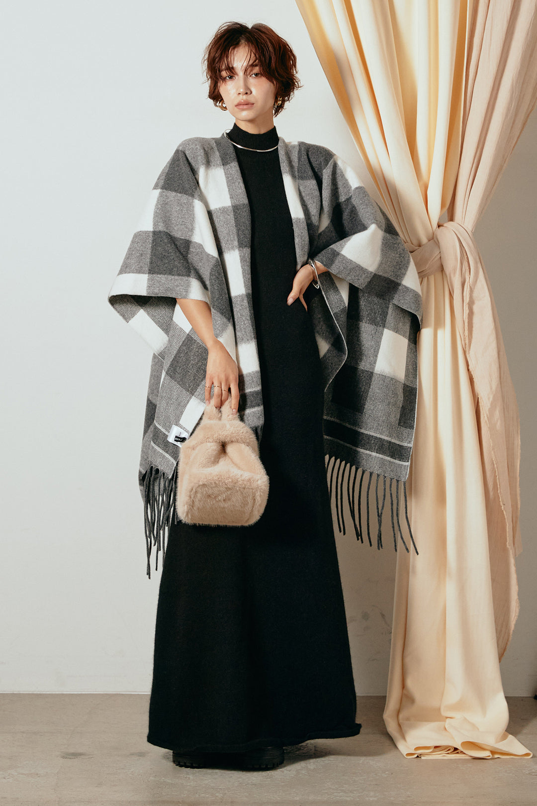 [SET]裾フリンジ柄ポンチョアウター+ノースリーブニットロングワンピース(2set)