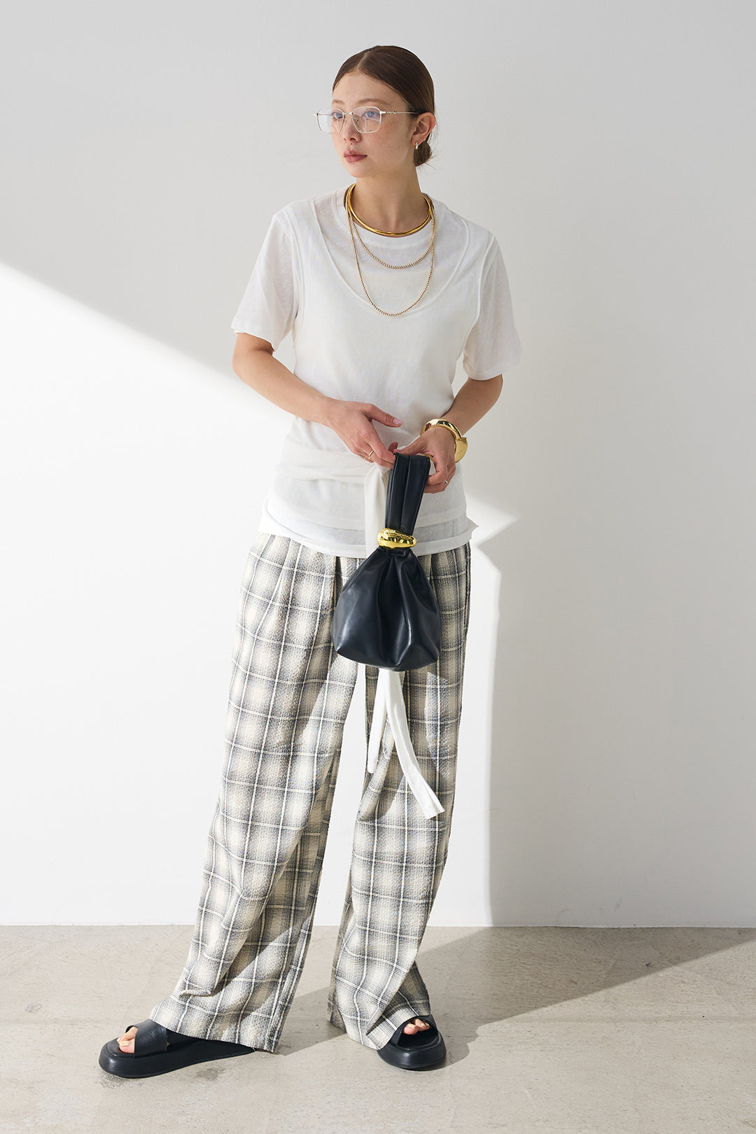 [SET]フロントタイTシャツ+タータンチェックワイドパンツ(2set)