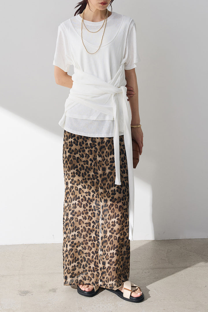 [SET]フロントタイTシャツ+レオパード柄ストレートスカート(2set)