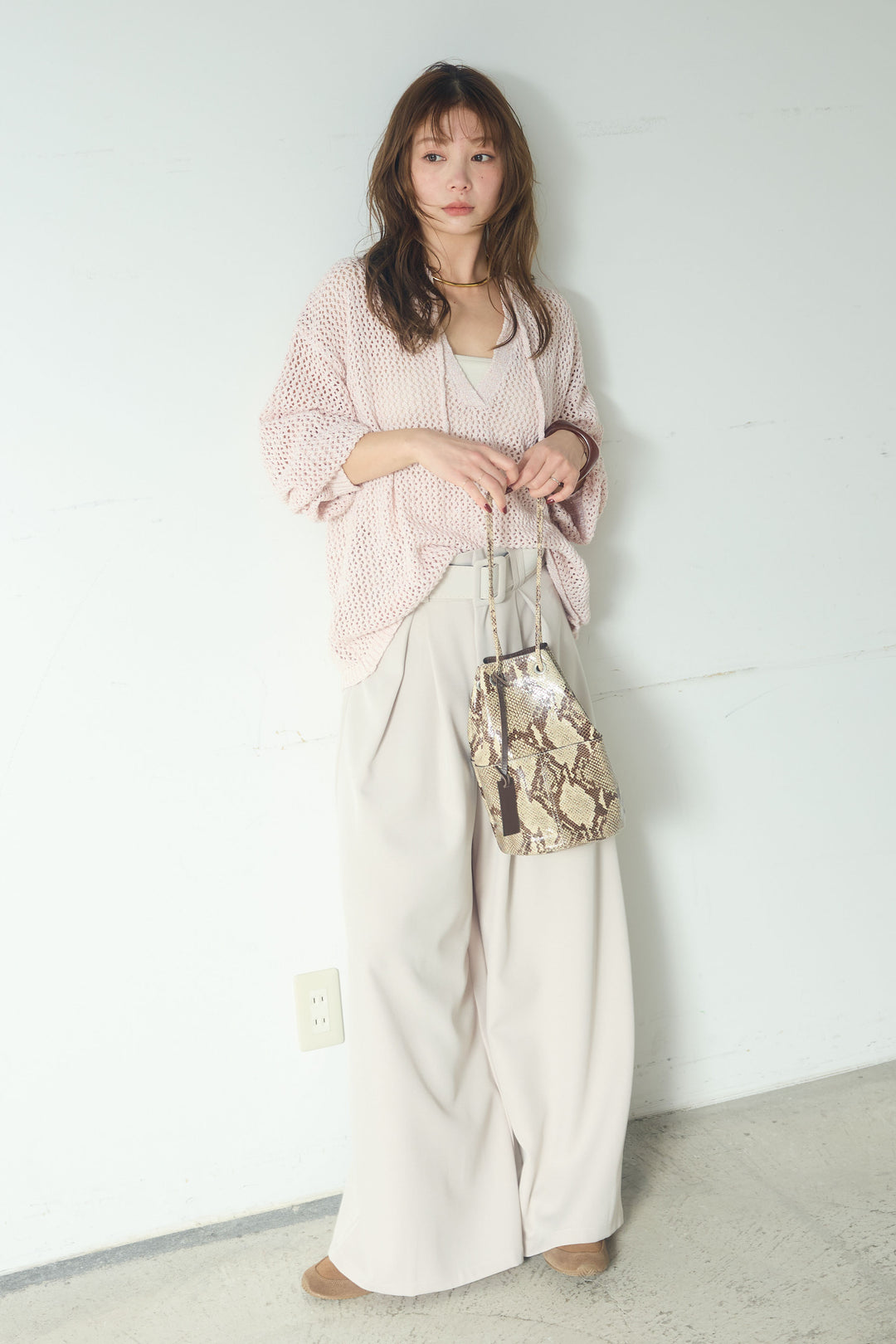 【即納】ミックスメッシュキーネックプルオーバー