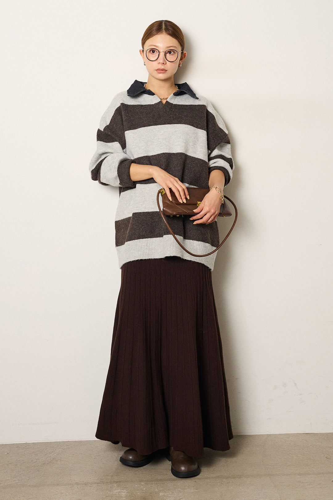 [SET]デニムカラーボーダールーズニット+編み地切り替えフレアニットスカート(2set)