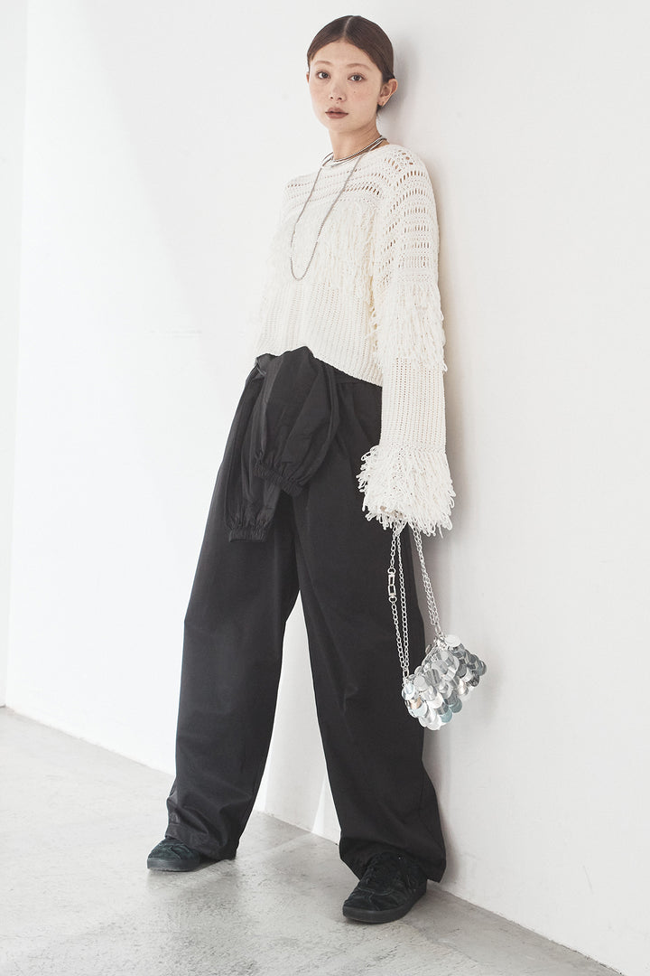 [SET]メッシュフリンジ切り替えプルオーバー+合繊ツイルスタンドウエスト巻きジョガーパンツ(2set)