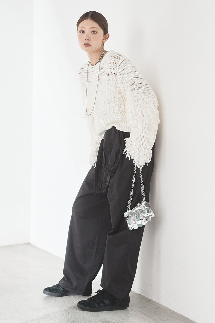 [SET]メッシュフリンジ切り替えプルオーバー+合繊ツイルスタンドウエスト巻きジョガーパンツ(2set)