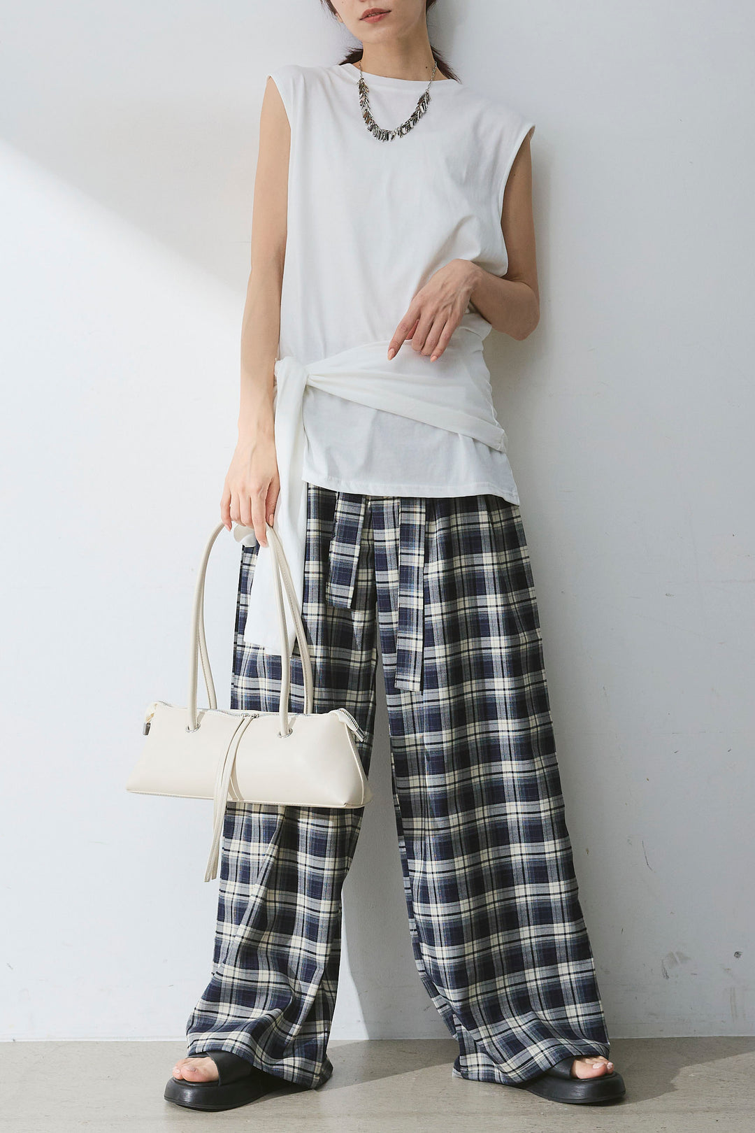[SET]ウエスト巻きノースリカット+オンブレーチェックワイドパンツ(2set)