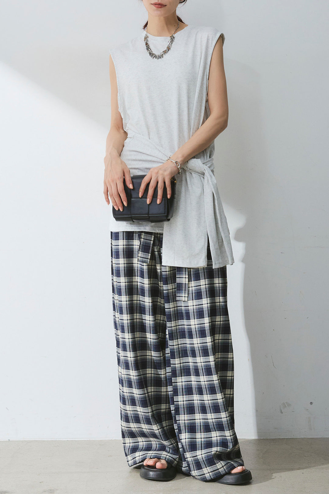 [SET]ウエスト巻きノースリカット+オンブレーチェックワイドパンツ(2set)