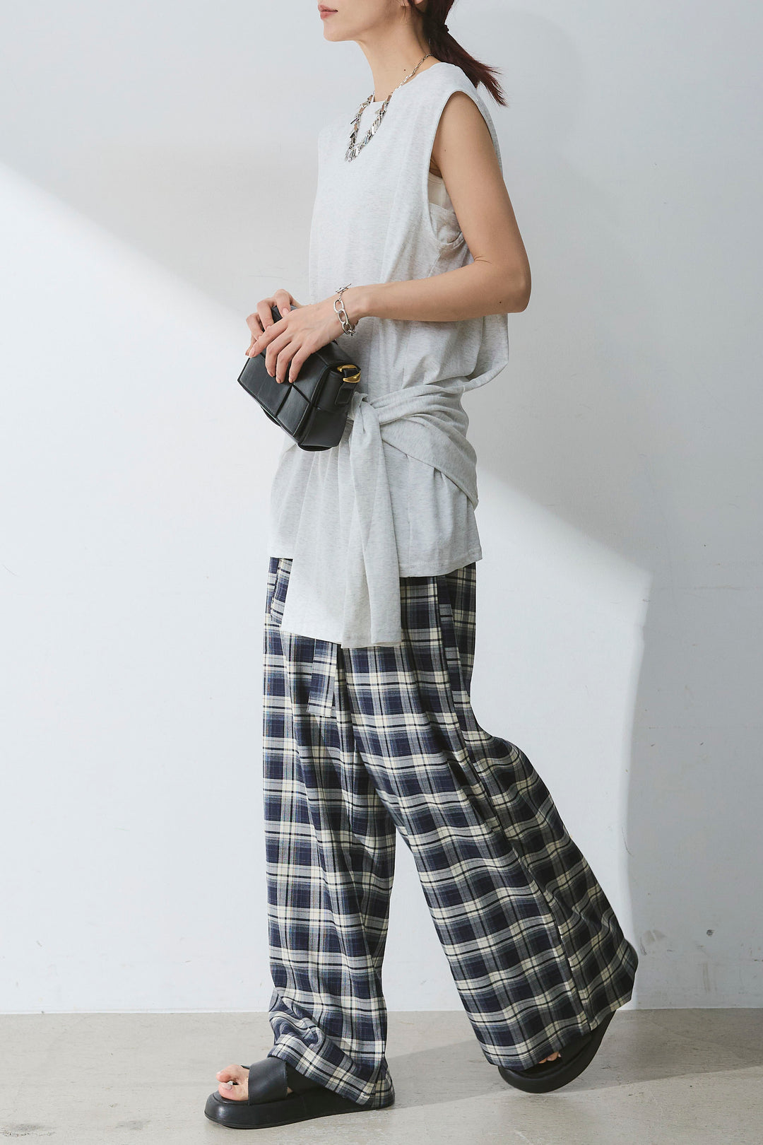 [SET]ウエスト巻きノースリカット+オンブレーチェックワイドパンツ(2set)