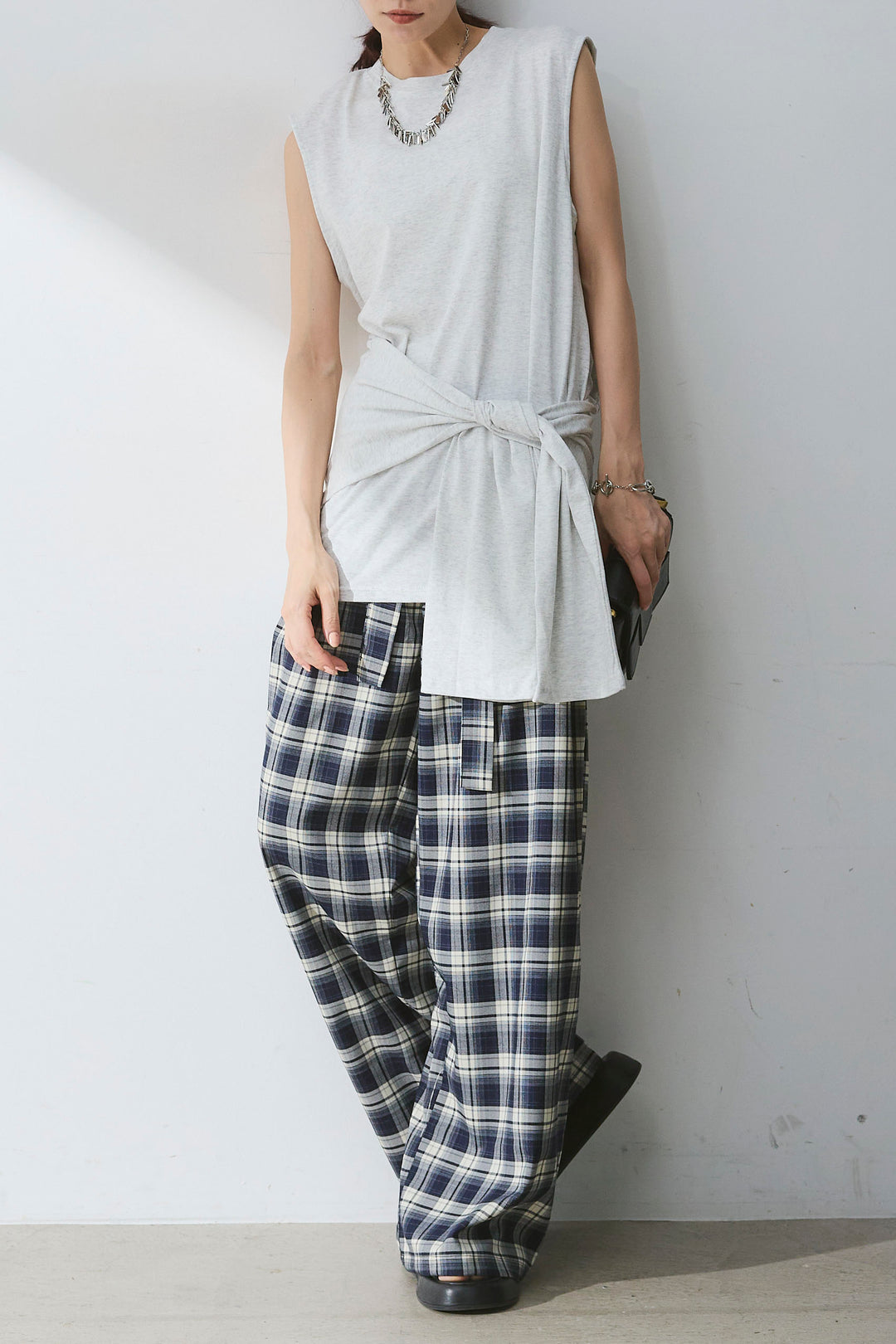 [SET]ウエスト巻きノースリカット+オンブレーチェックワイドパンツ(2set)