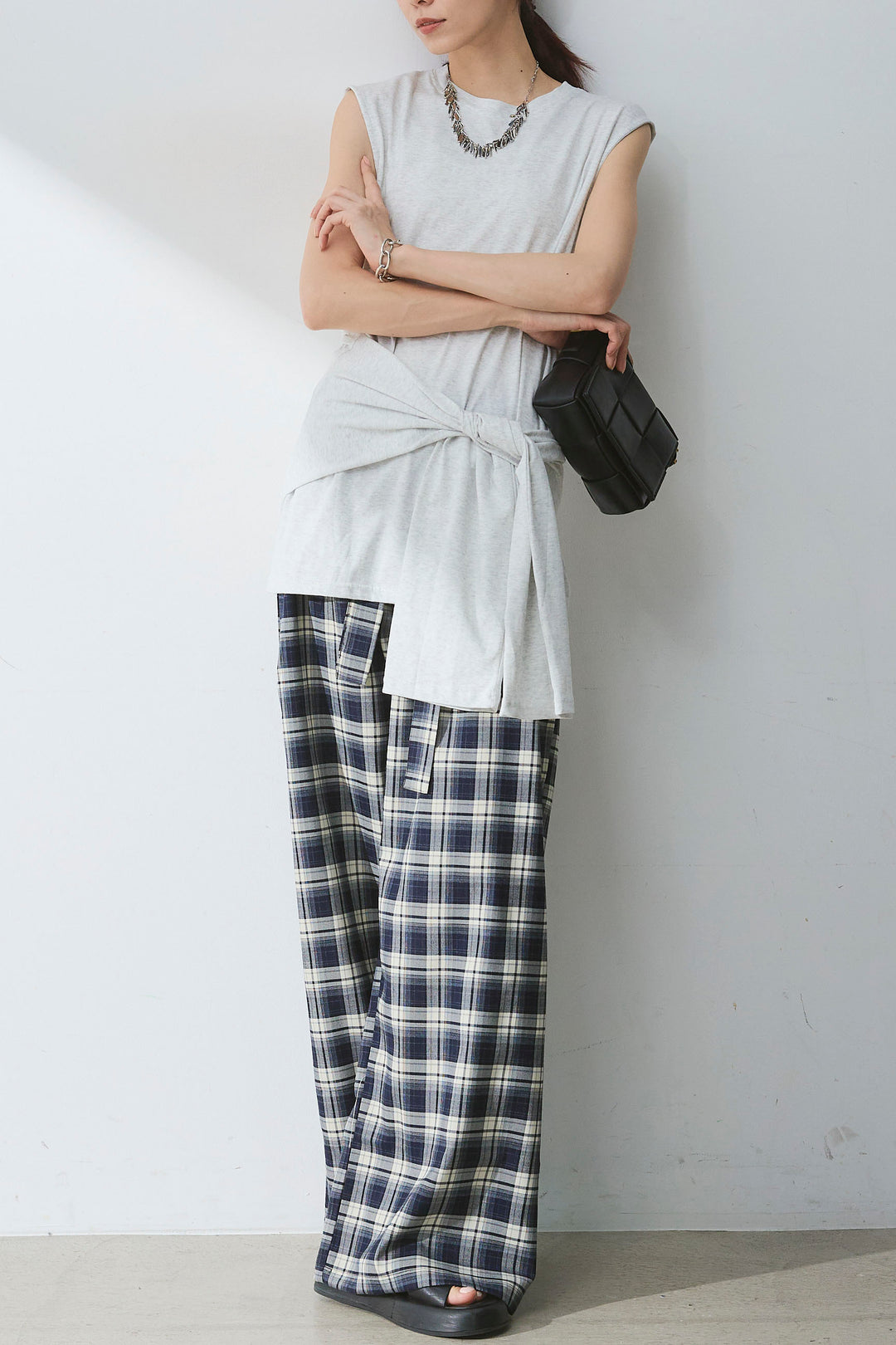 [SET]ウエスト巻きノースリカット+オンブレーチェックワイドパンツ(2set)