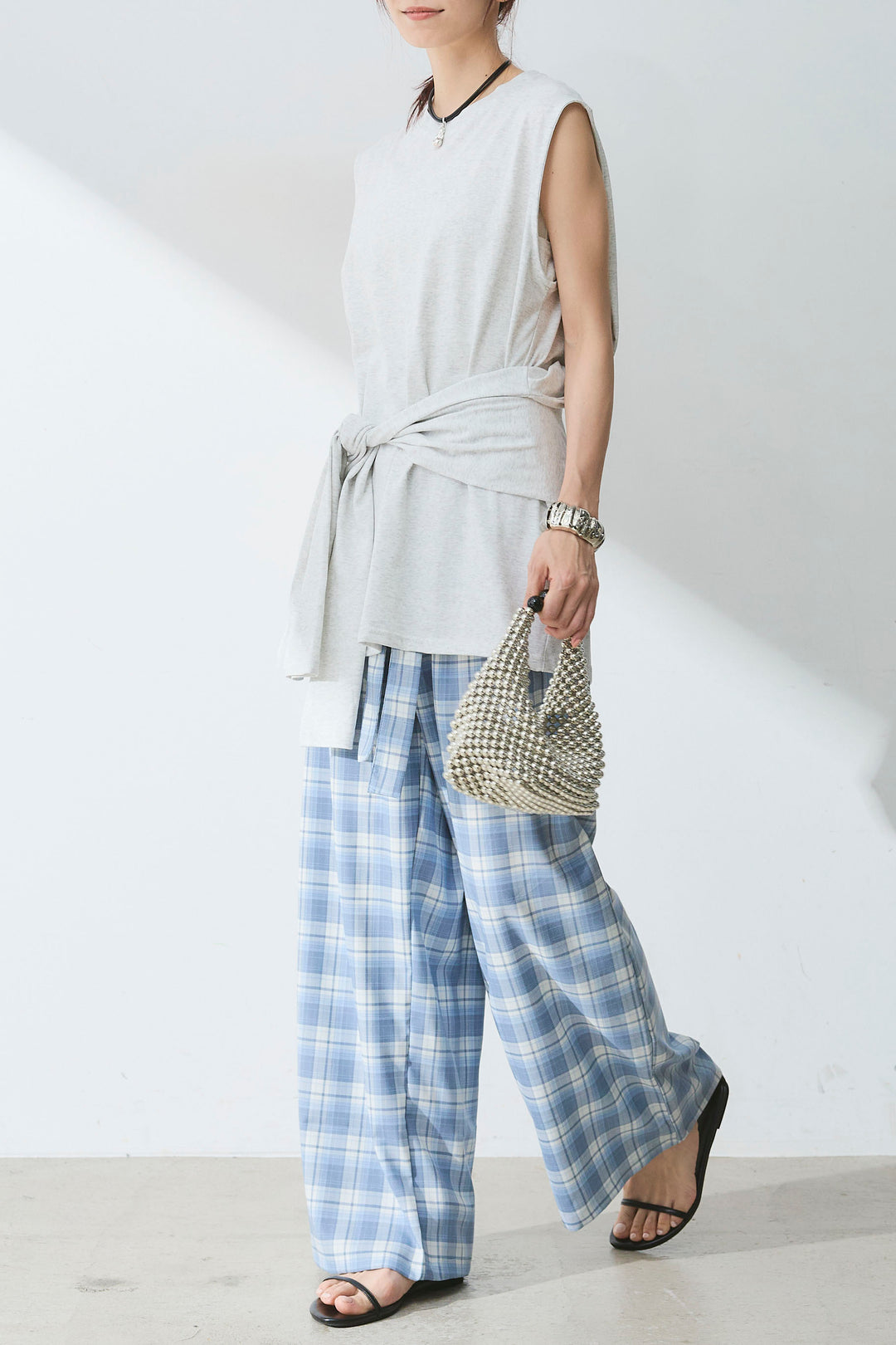 [SET]ウエスト巻きノースリカット+オンブレーチェックワイドパンツ(2set)