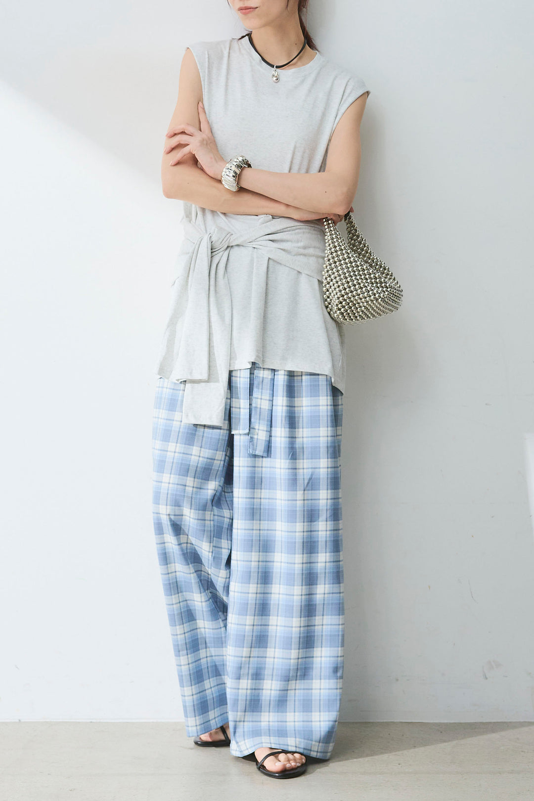 [SET]ウエスト巻きノースリカット+オンブレーチェックワイドパンツ(2set)