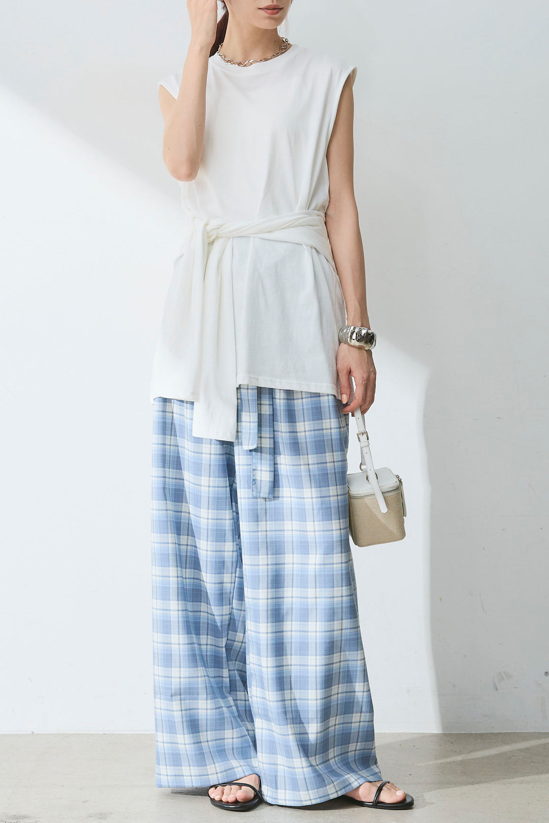 [SET]ウエスト巻きノースリカット+オンブレーチェックワイドパンツ(2set)