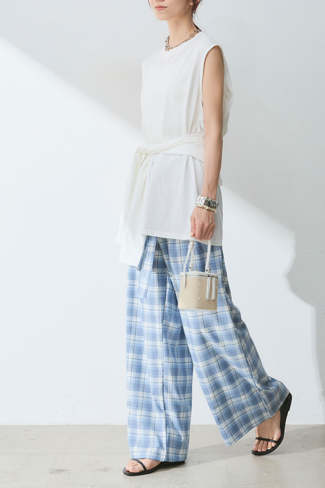 [SET]ウエスト巻きノースリカット+オンブレーチェックワイドパンツ(2set)