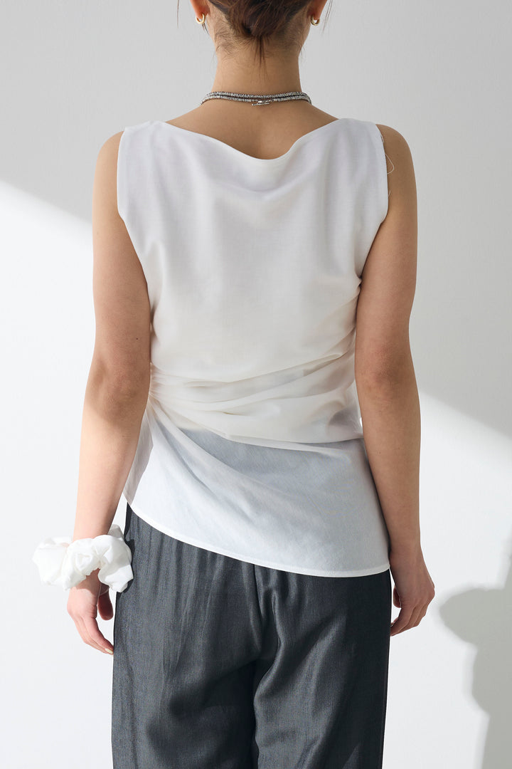 [SET]シュシュ付きサイドギャザーノースリーブ+オンブレーチェックワイドパンツ(2set)
