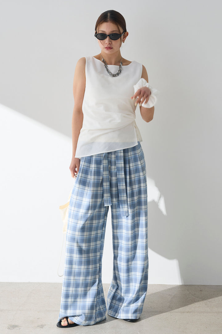 [SET]シュシュ付きサイドギャザーノースリーブ+オンブレーチェックワイドパンツ(2set)