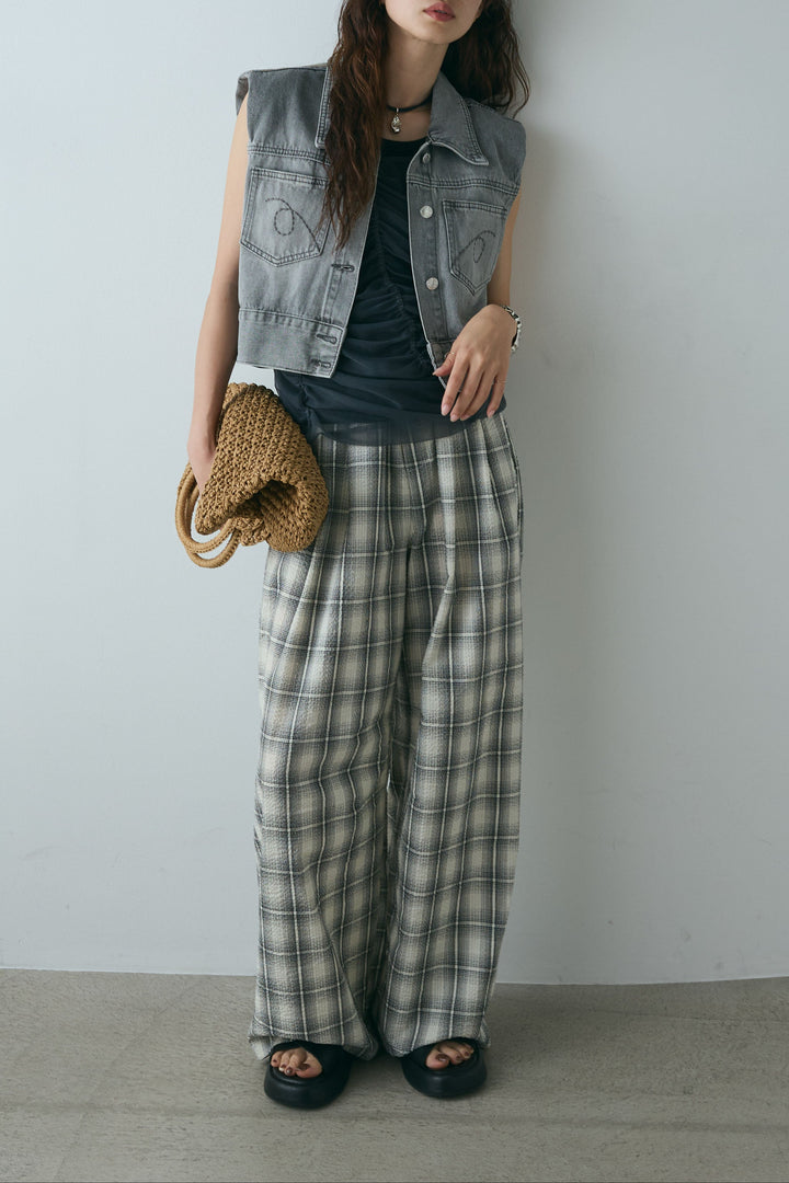 [SET]コンパクトデニムベスト+シャーリングシアータンクxリブタンクSET+タータンチェックワイドパンツ(3set)