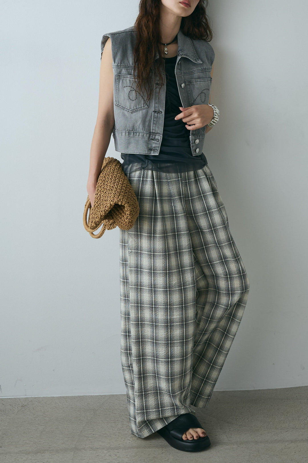 [SET]コンパクトデニムベスト+シャーリングシアータンクxリブタンクSET+タータンチェックワイドパンツ(3set)