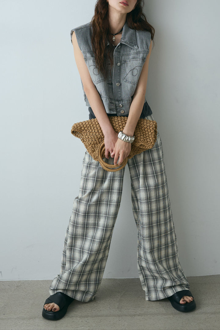 [SET]コンパクトデニムベスト+シャーリングシアータンクxリブタンクSET+タータンチェックワイドパンツ(3set)