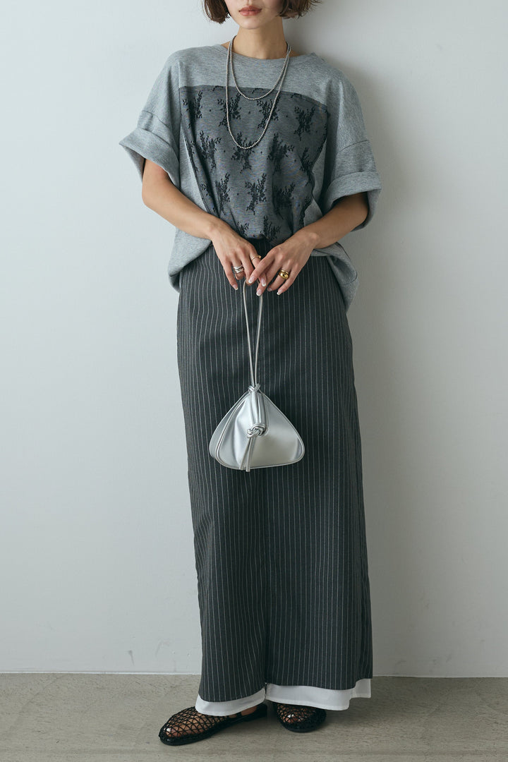 [SET]スクエアレース刺繍Tシャツ+ストライプストレートスカート(2set)