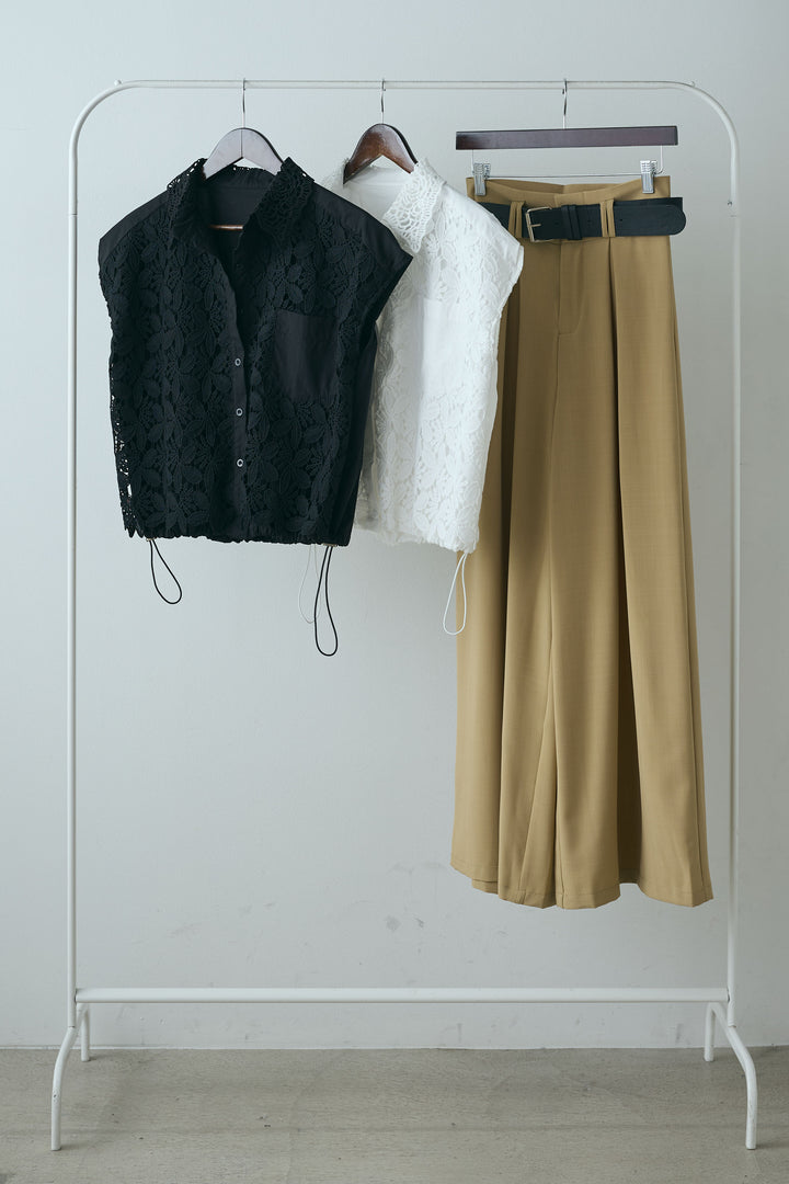 【着回しセット】ノースリーブレース刺繍シャツ+ノースリーブレース刺繍シャツ+太ベルト付きワイドパンツ(3set)