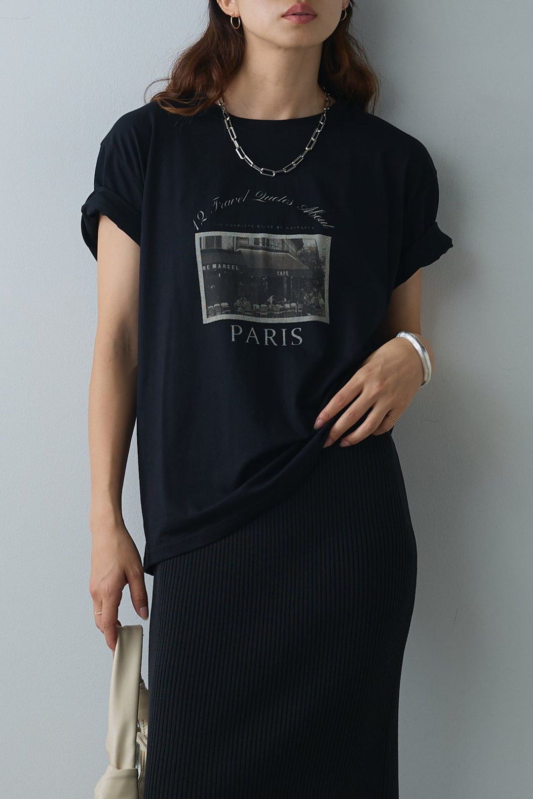 [SET]PARISフォトTシャツ+パッド付きスクエアネックリブニットワンピース(2set)